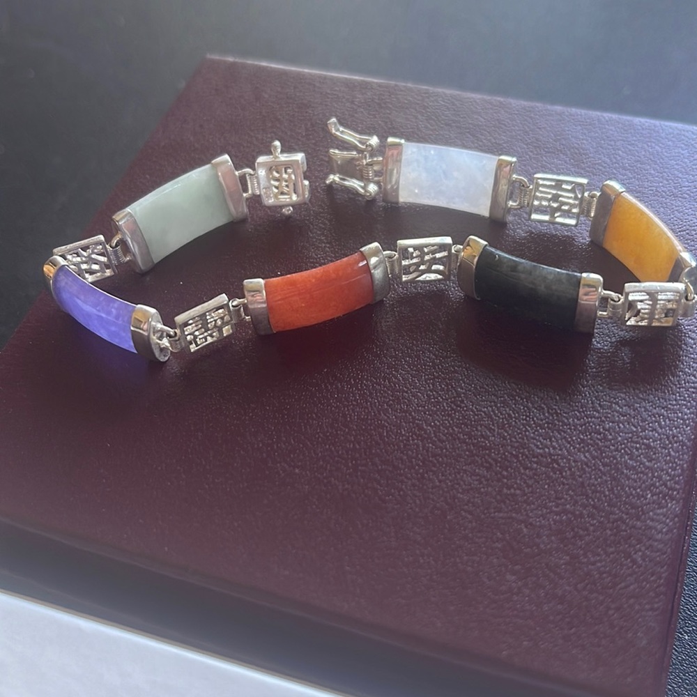 Vintage Sterling Silver Multi-color Jade Bracelet Chinese Good Luck Symbols